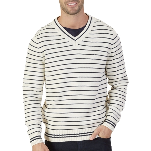 Nautica V-Neck Knit Sweater Striped Navy and Cream Like New Men's Large - Picture 1 of 6
